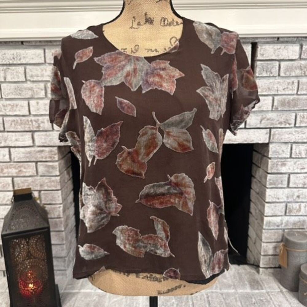 Vintage Collezioni Italy Velvet Burnout Semi Sheer Silk Top Medium Leaves Brown
